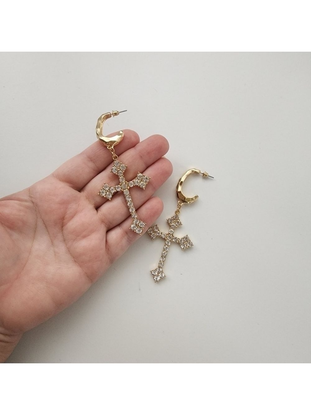 NEW Golden Embellished Statement Cross Hoop Earrings - Picture 8 of 8
